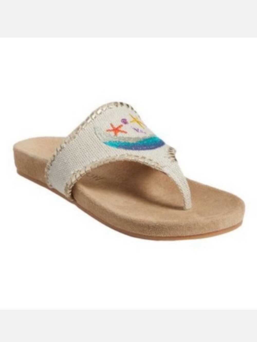 Jack Rogers Comfort Embroidered Ocean Beach Scene Toe Post Slip On Sandals